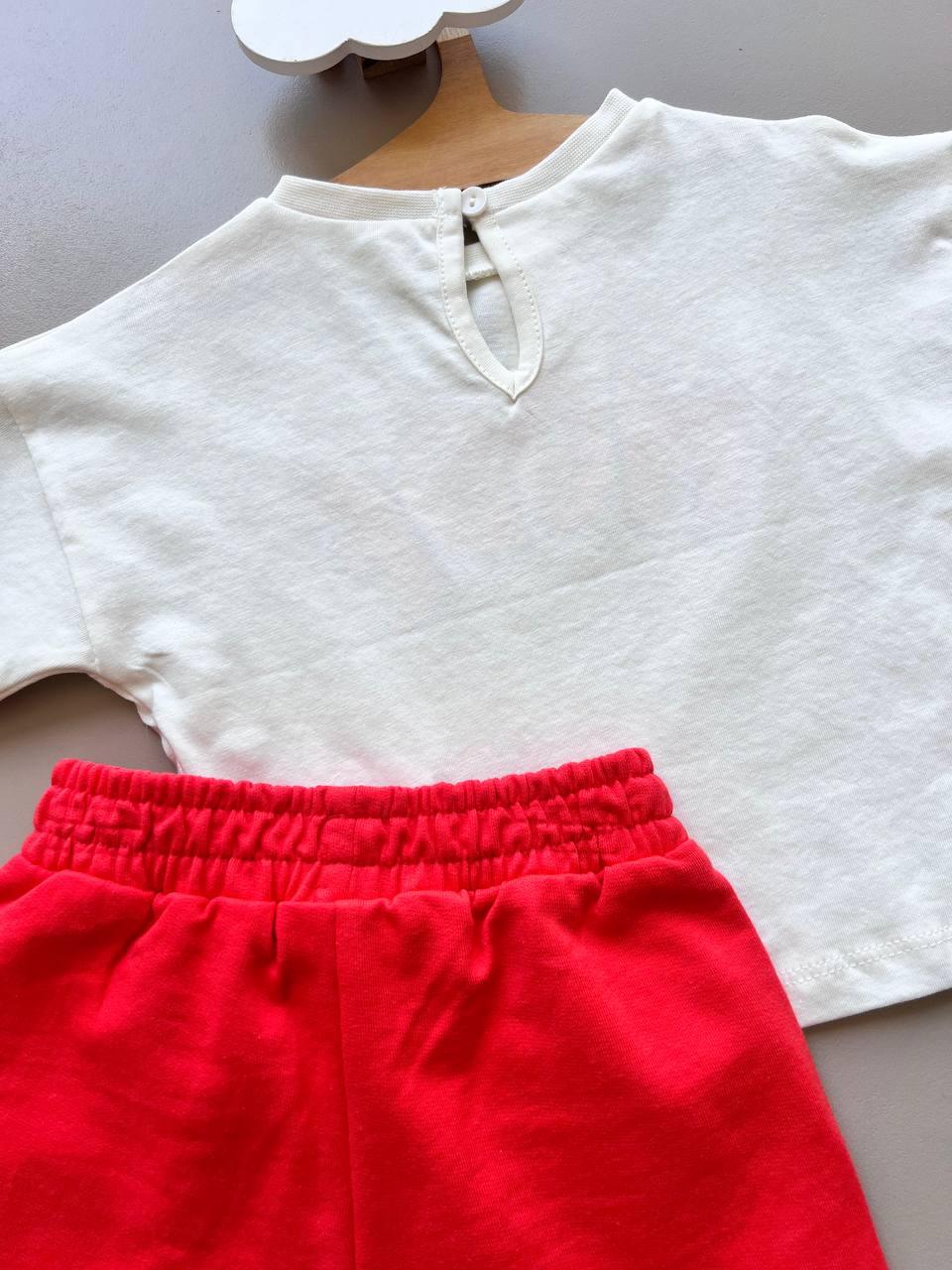 Off-White & Red Cotton Summer 2 Pcs Set - La Farandole Paris
