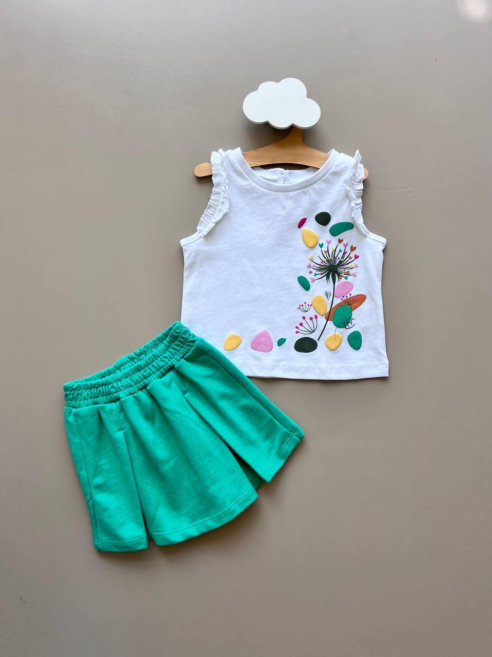 White & Green Cotton Summer 2 Pcs Set - La Farandole Paris