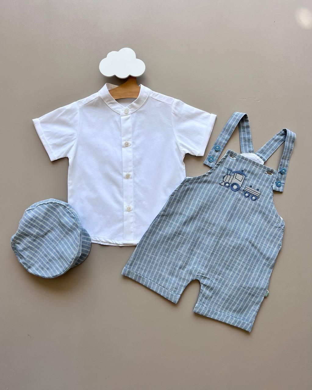 Thomas Blue & White 3 Pcs Salopettes With Shirt and Hat - La Farandole Paris