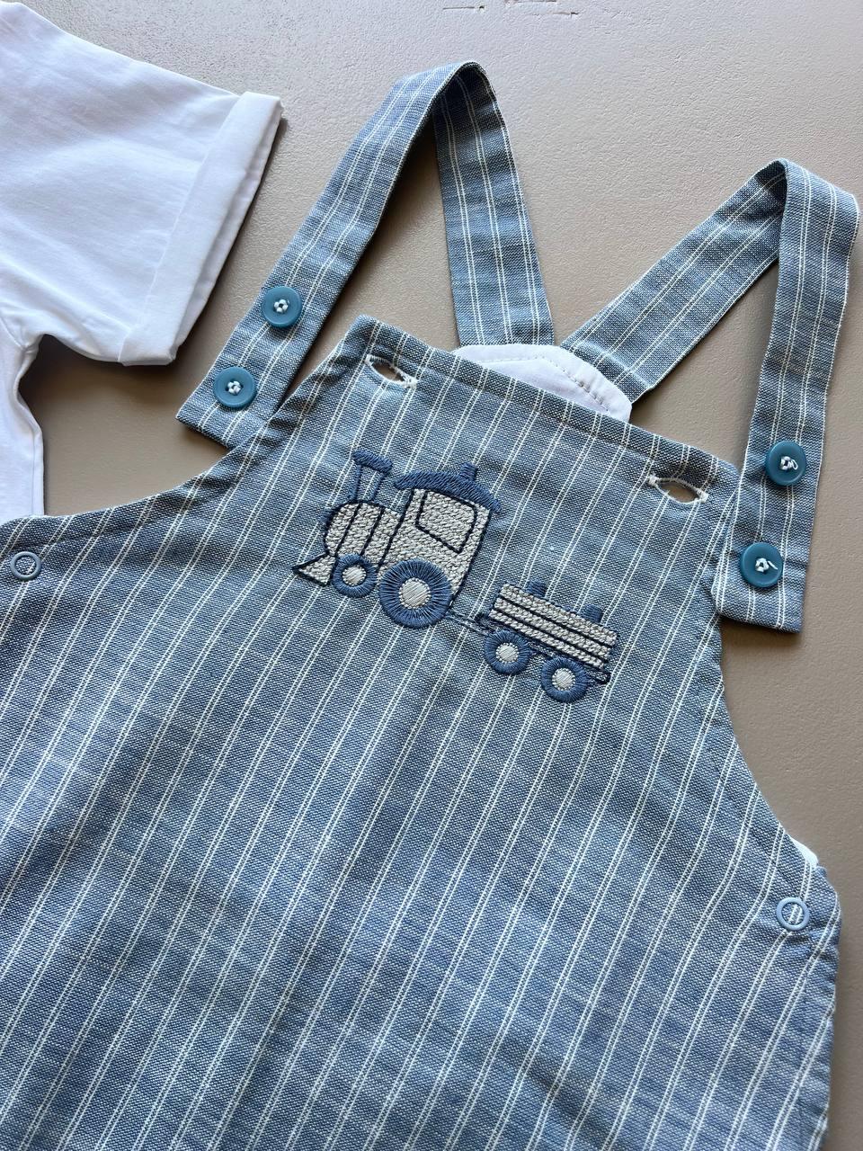Thomas Blue & White 3 Pcs Salopettes With Shirt and Hat - La Farandole Paris