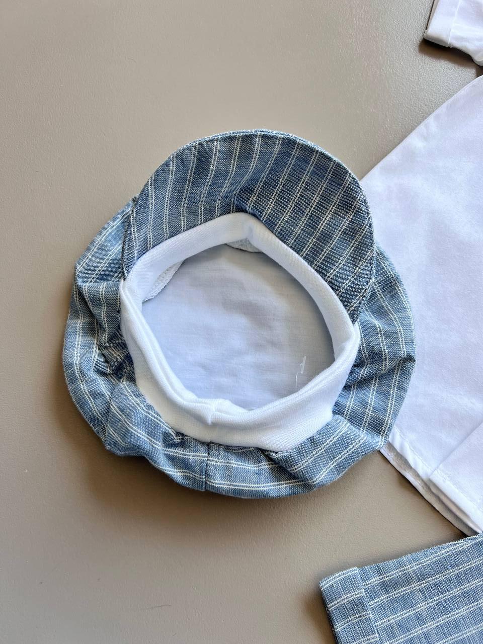 Thomas Blue & White 3 Pcs Salopettes With Shirt and Hat - La Farandole Paris