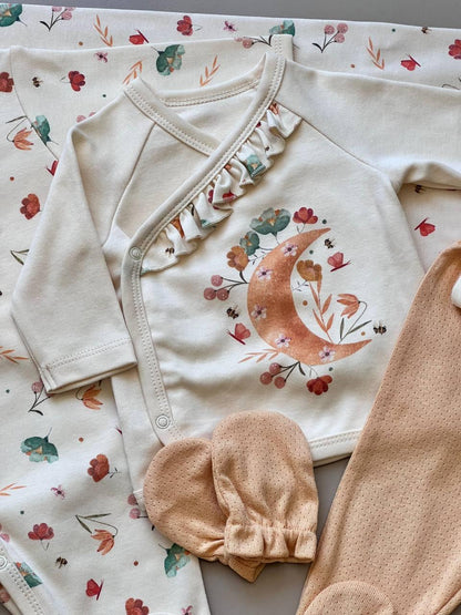 Flowers Beige & Orange GOTS™ Certified Organic Cotton 10 Pcs Hospital Set - La Farandole Paris