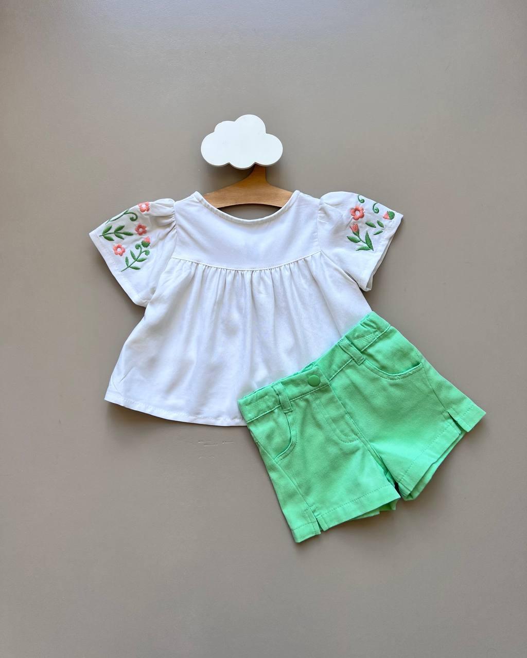 Off-White & Green embroidered Summer 2 Pcs Set - La Farandole Paris
