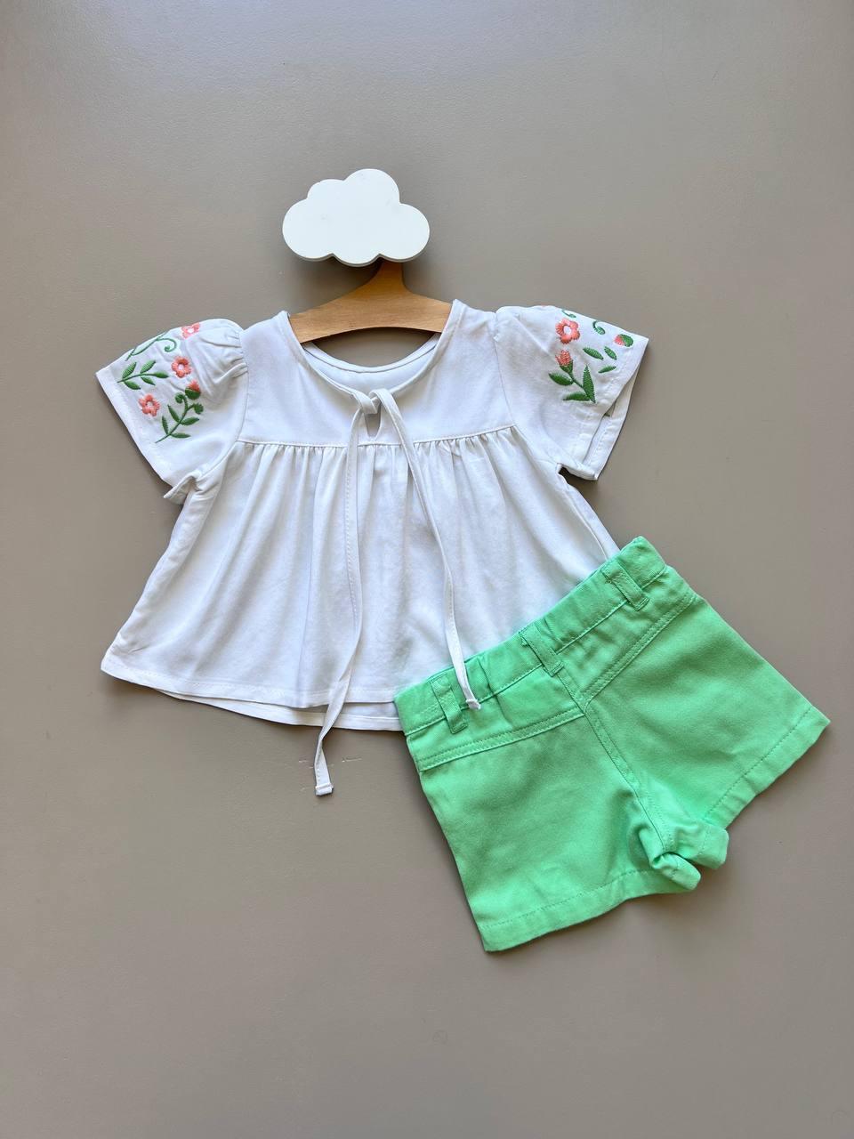 Off-White & Green embroidered Summer 2 Pcs Set - La Farandole Paris