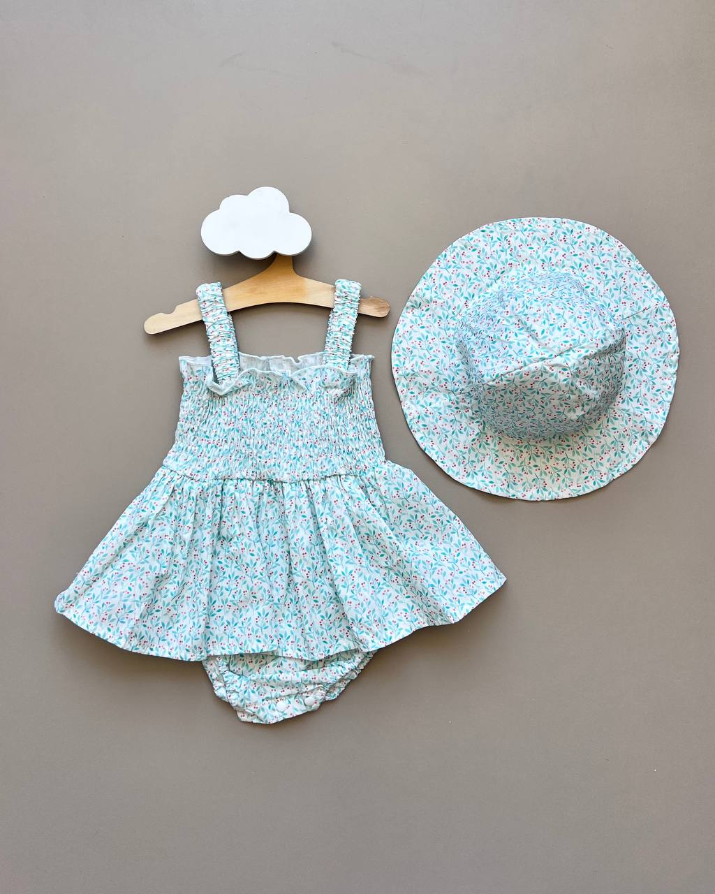 Blue Floral Romper With Hat 2 Pcs Set