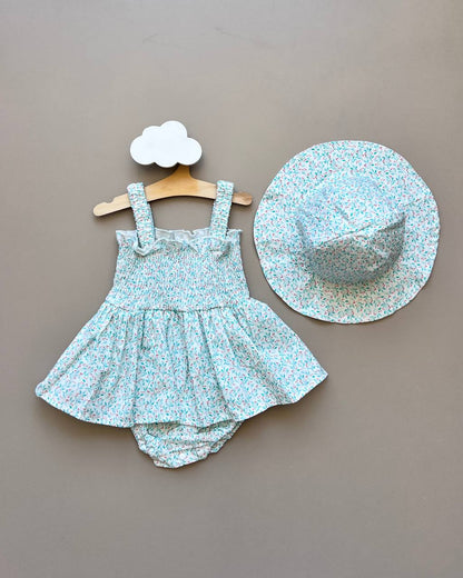 Blue Floral Romper With Hat 2 Pcs Set