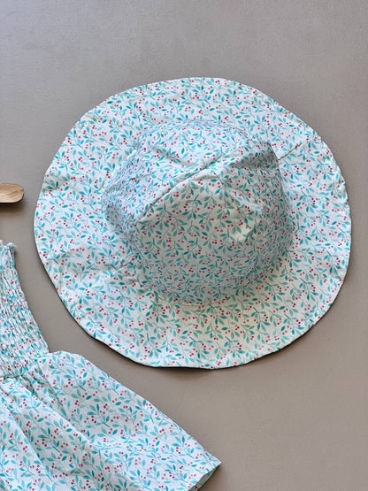 Blue Floral Romper With Hat 2 Pcs Set