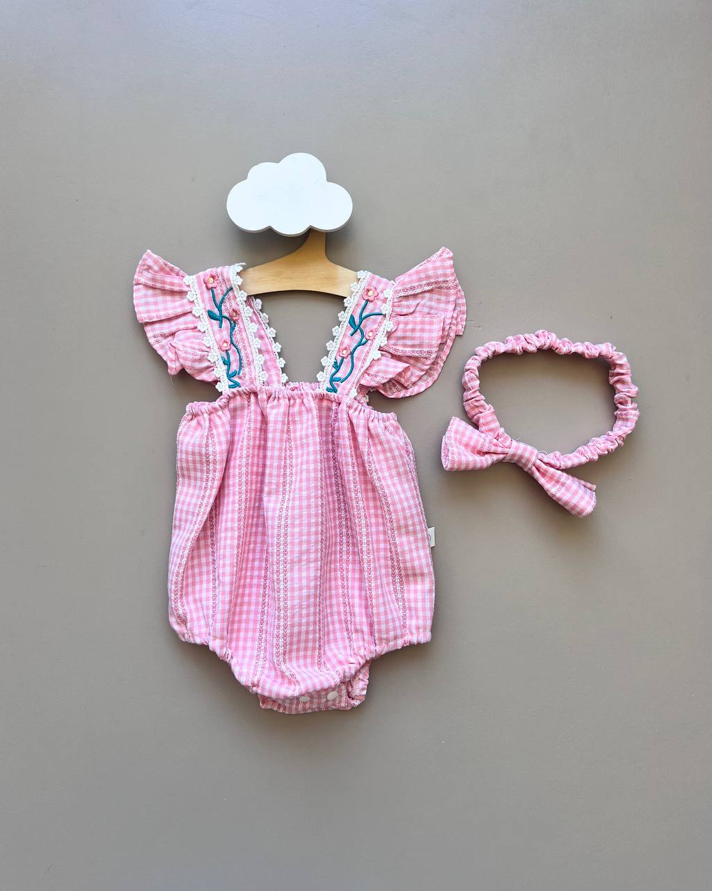 Pink Embroidered Cotton Romper With Hairband