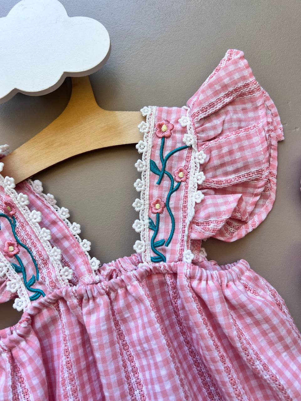 Pink Embroidered Cotton Romper With Hairband