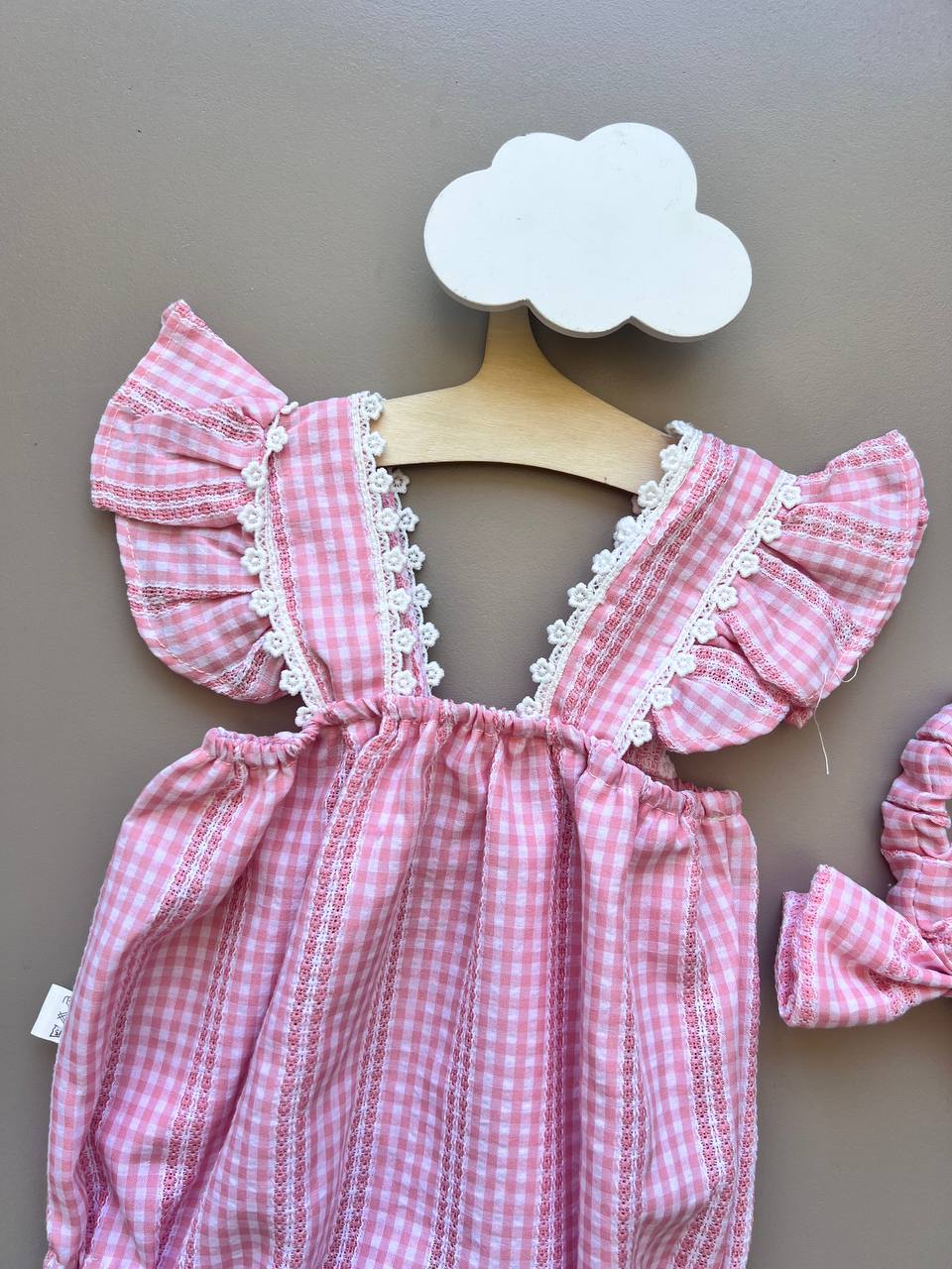 Pink Embroidered Cotton Romper With Hairband