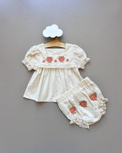 Beige & Orange Embroidered 2 Pcs Set