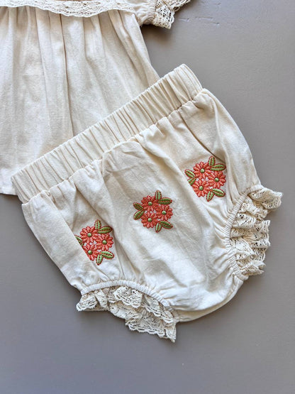 Beige & Orange Embroidered 2 Pcs Set