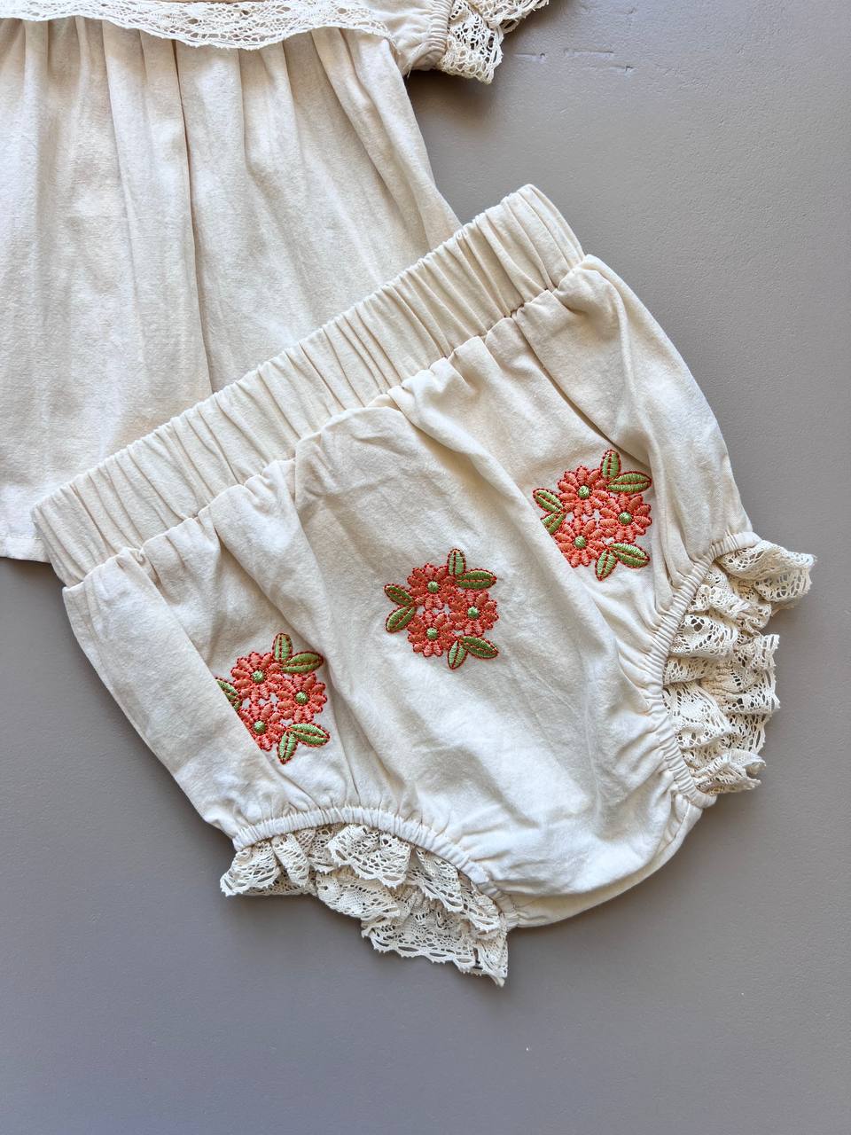 Beige & Orange Embroidered 2 Pcs Set