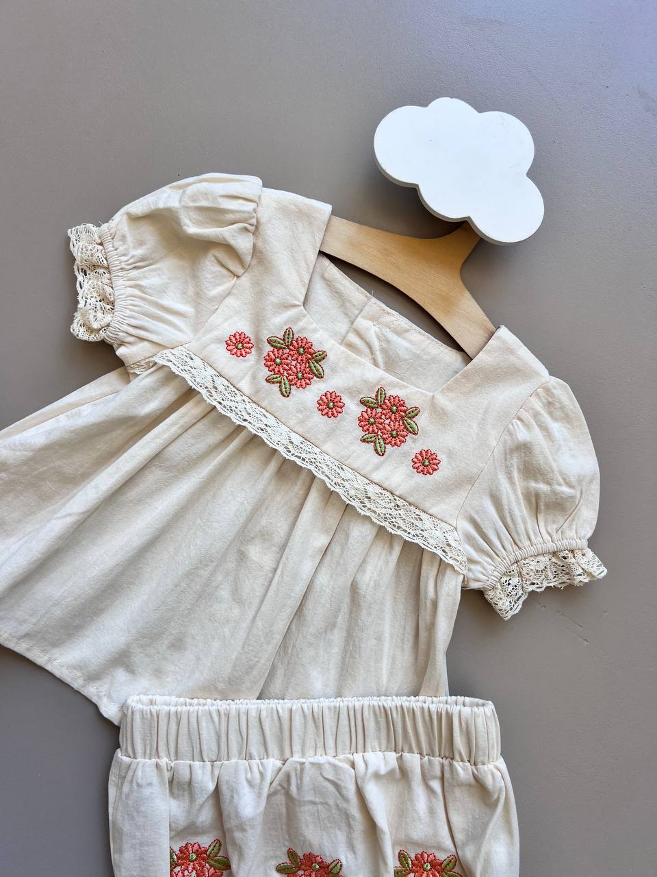 Beige & Orange Embroidered 2 Pcs Set