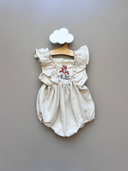 Beige Embroidered Cotton Romper