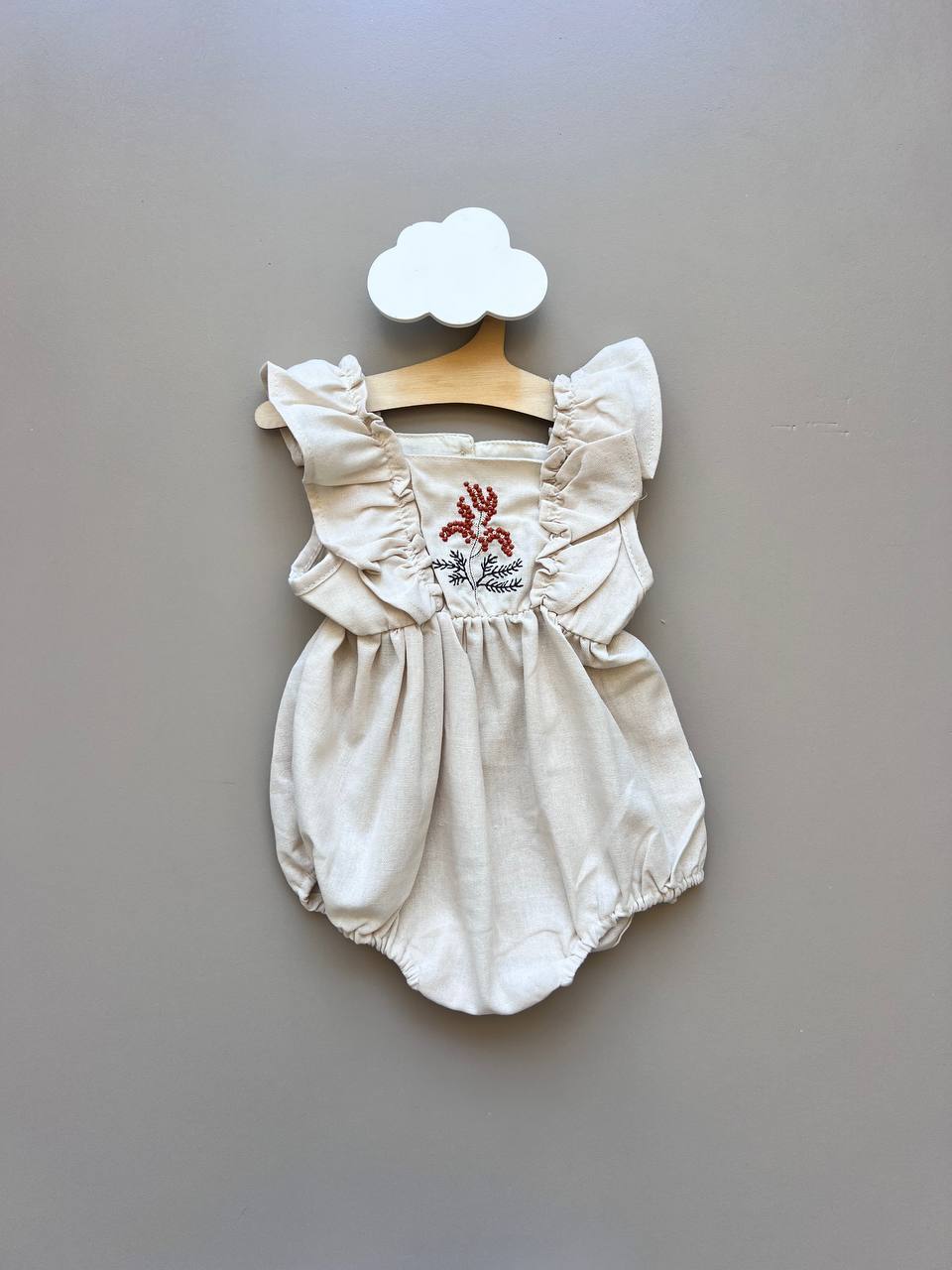 Beige Embroidered Cotton Romper
