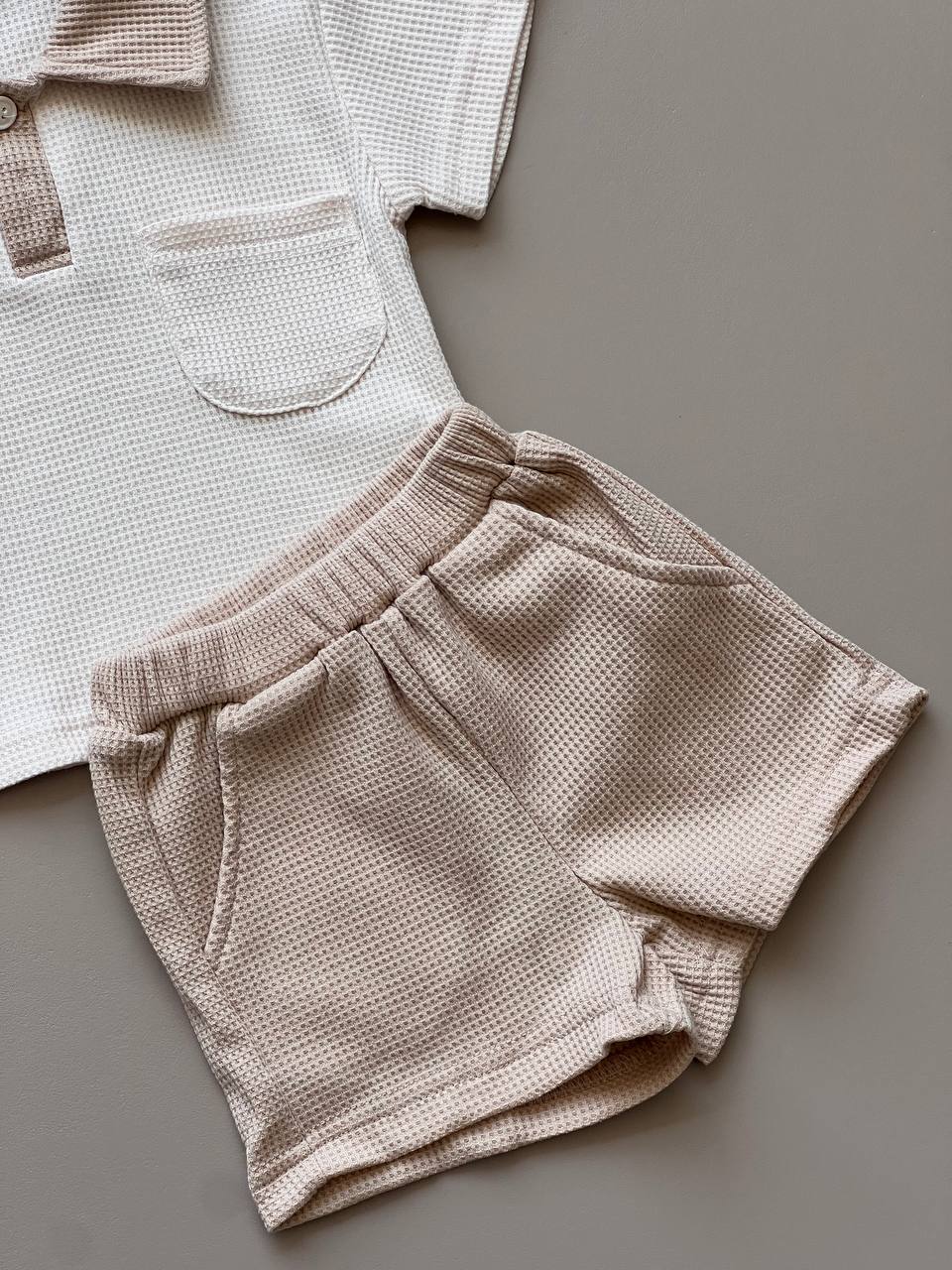 Beige & Brown Polo Waffle Cotton 2 Pcs Set