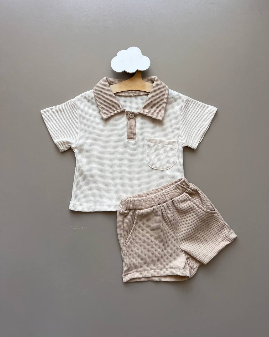 Beige & Brown Polo Waffle Cotton 2 Pcs Set