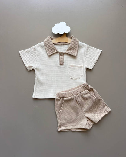 Beige & Brown Polo Waffle Cotton 2 Pcs Set