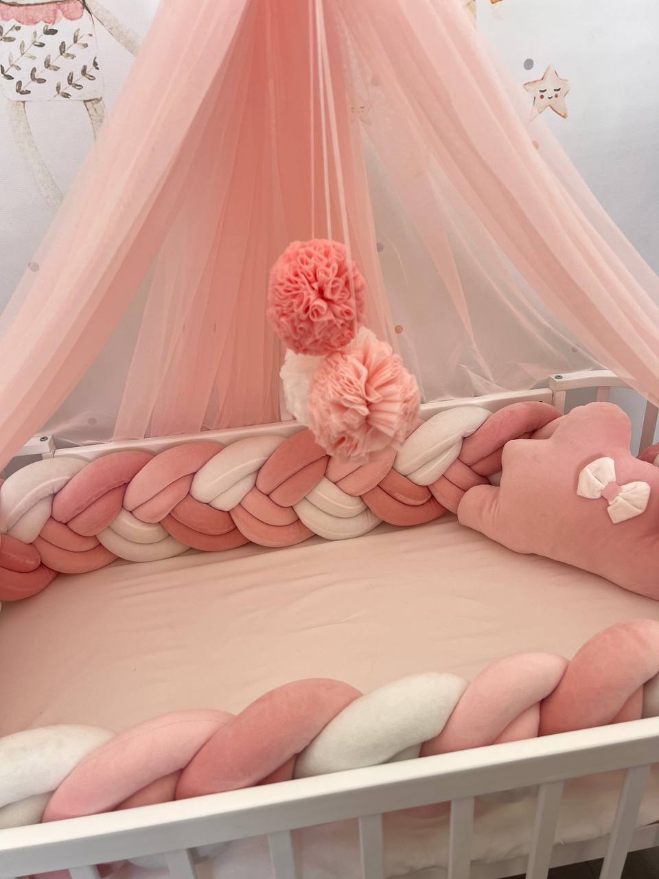 Pink And White  Fluffy Braided Bedding Set 3 meters