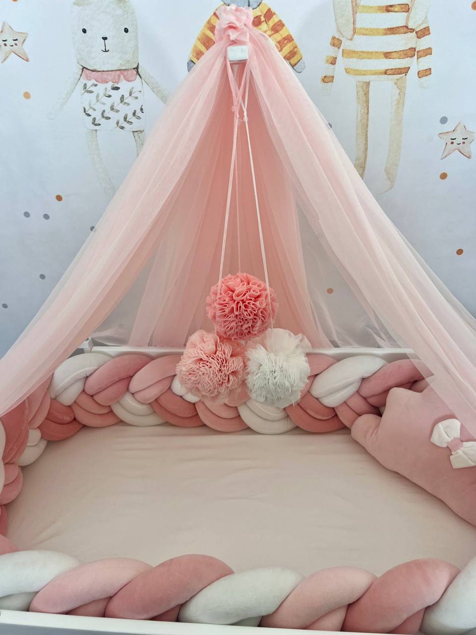 Pink And White  Fluffy Braided Bedding Set 3 meters