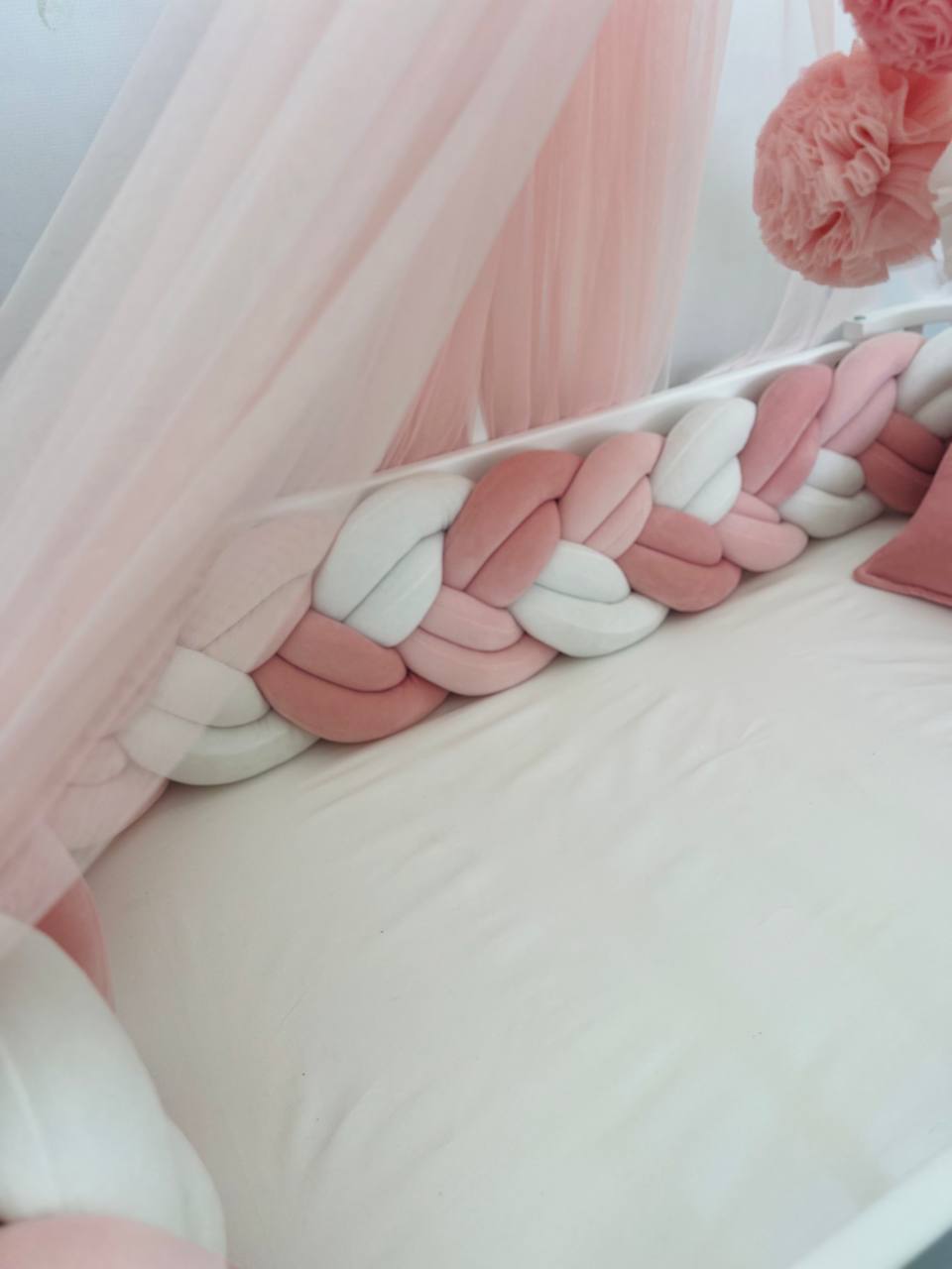 White and Pink Fluffy Braided Bedding Set