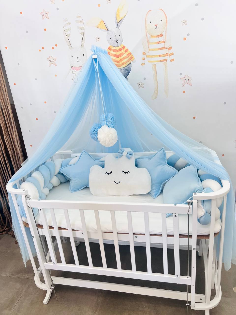 White and Blue Fluffy Braided Bedding Set