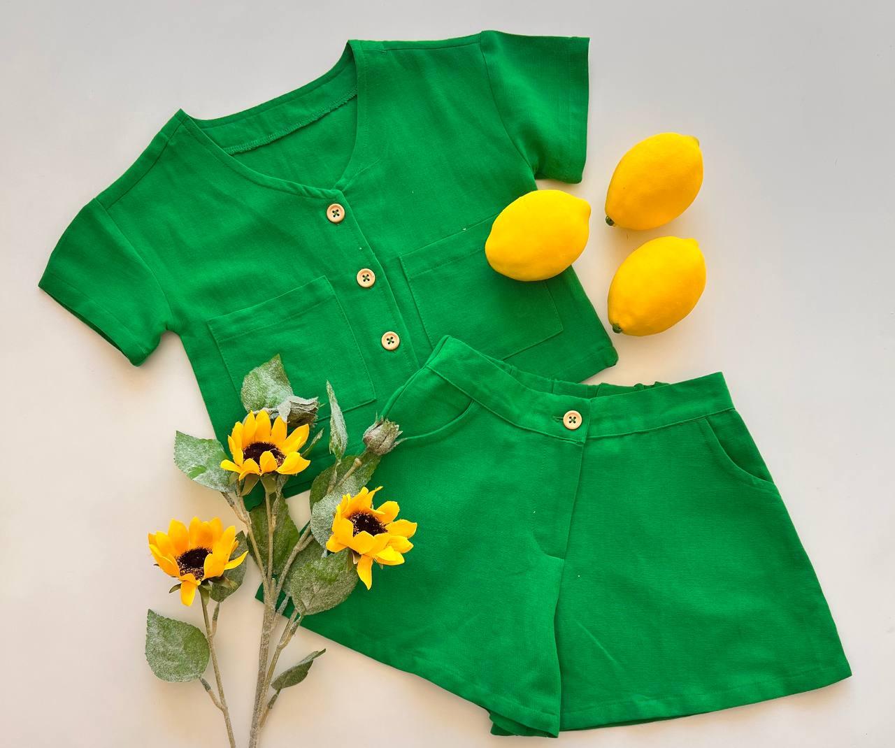 Olive Green Linen Summer Set - La Farandole Paris
