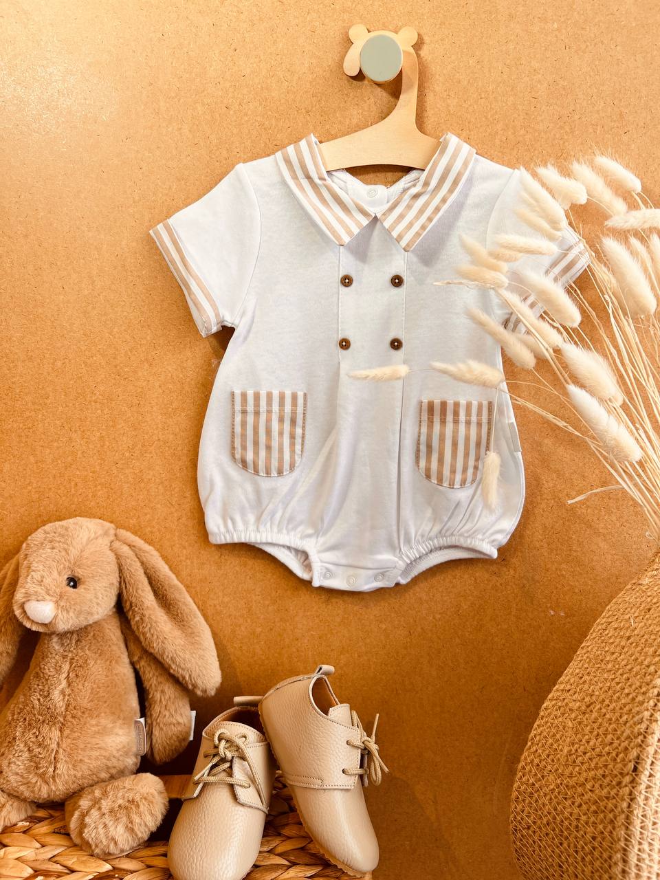 White And Beige Stripped Romper