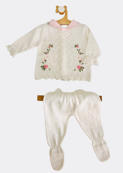 Pink and White Embroidered Organic Cotton Baby Set