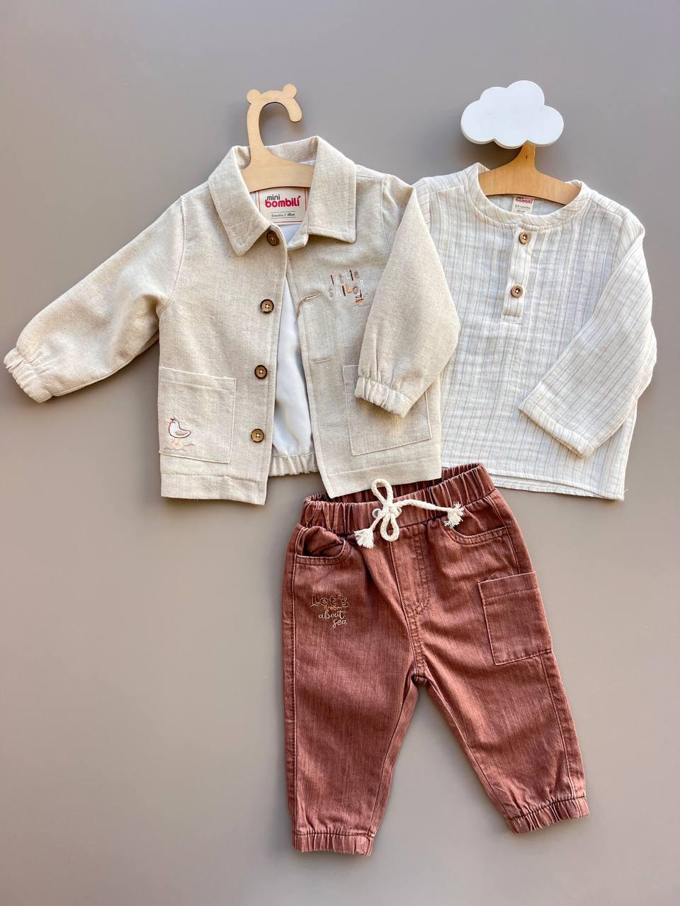 Brown/Beige 3 Pcs Set : Jacket, Shirt and Pants - La Farandole Paris