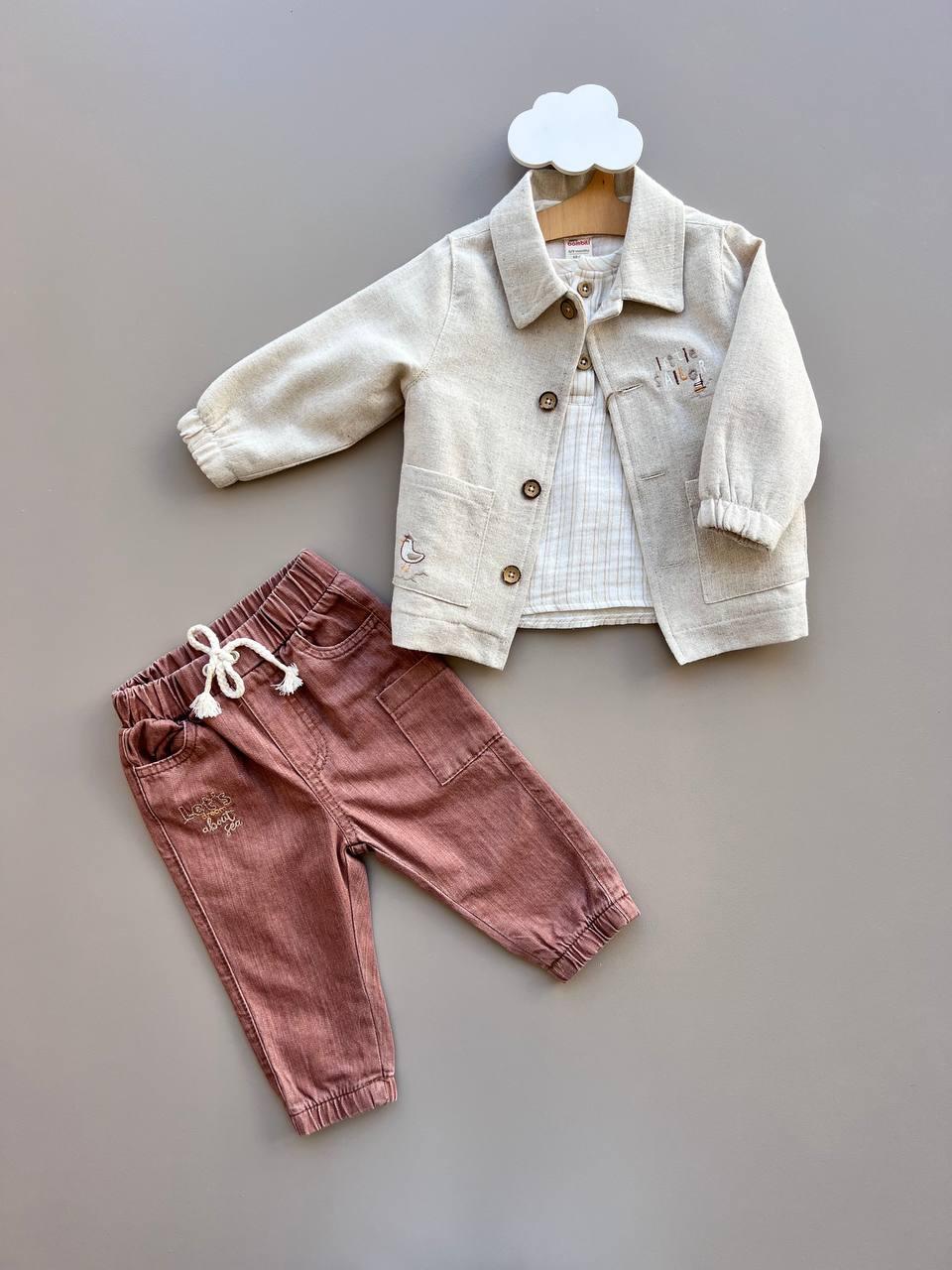 Brown/Beige 3 Pcs Set : Jacket, Shirt and Pants - La Farandole Paris