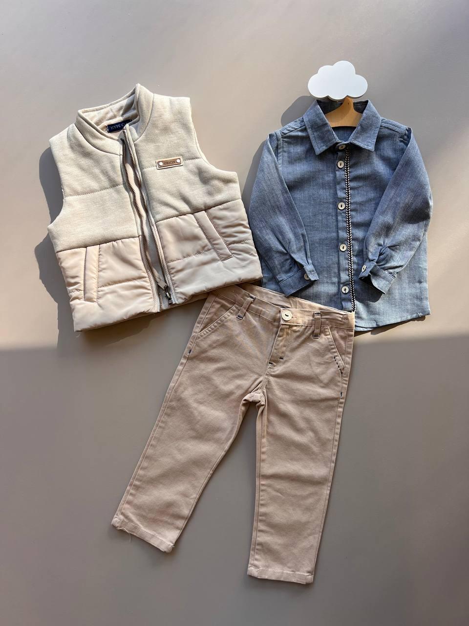 Beige and Blue 3 Pcs Set: Vest, Shirt and Pants - La Farandole Paris