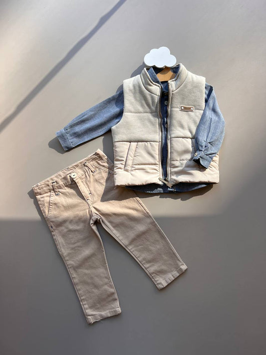 Beige and Blue 3 Pcs Set: Vest, Shirt and Pants