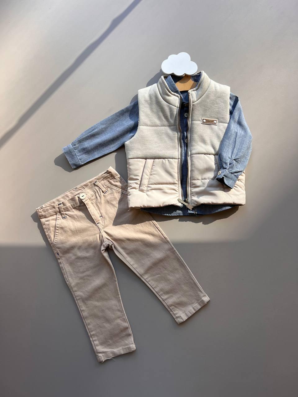 Beige and Blue 3 Pcs Set: Vest, Shirt and Pants - La Farandole Paris