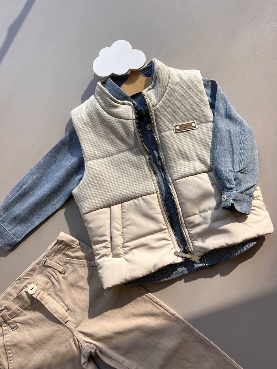 Beige and Blue 3 Pcs Set: Vest, Shirt and Pants - La Farandole Paris