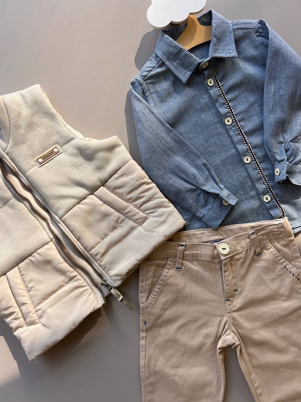 Beige and Blue 3 Pcs Set: Vest, Shirt and Pants