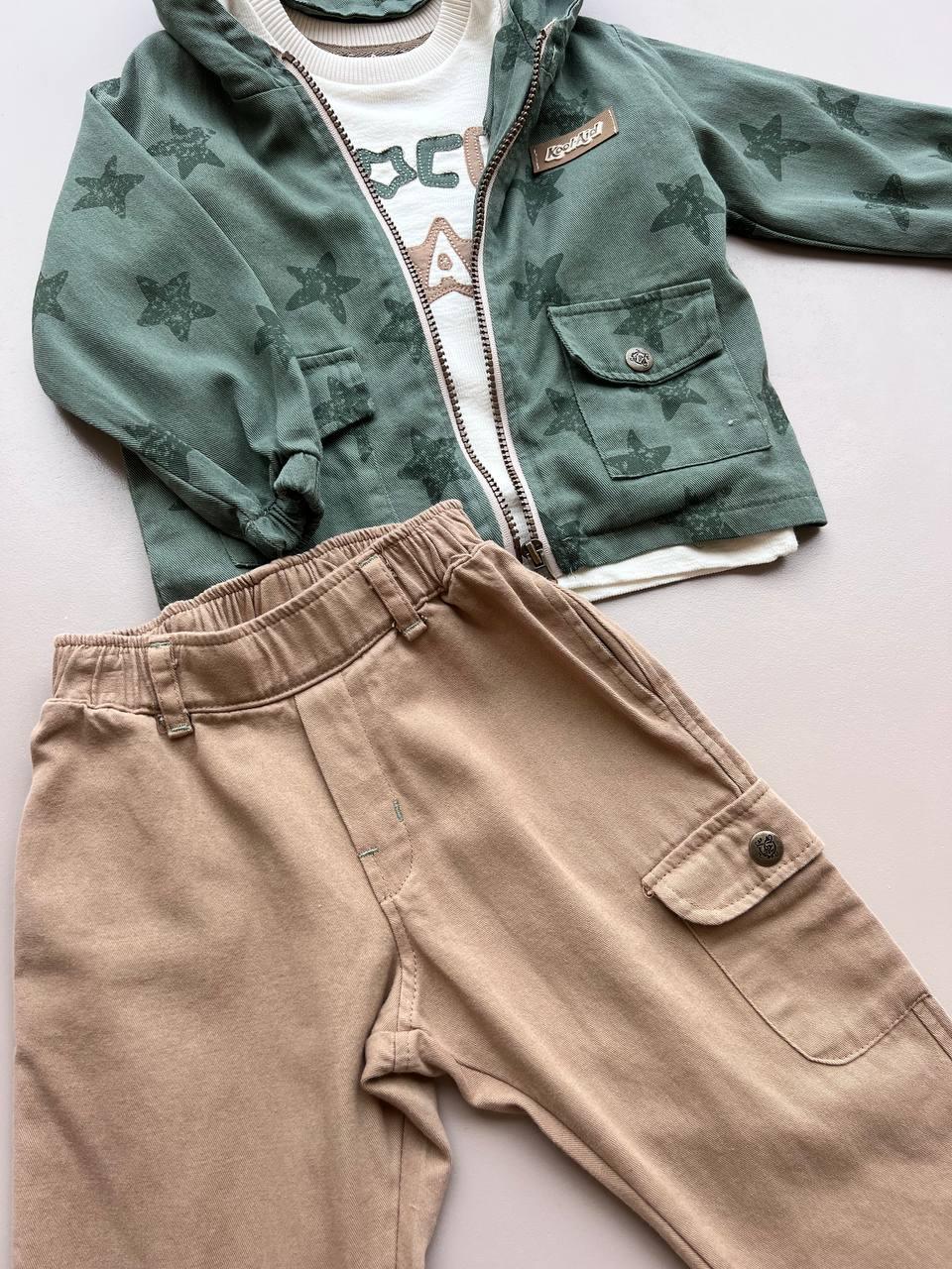 Green and Light Brown 3 Pcs Set: Jacket, T-Shirt and Pants - La Farandole Paris
