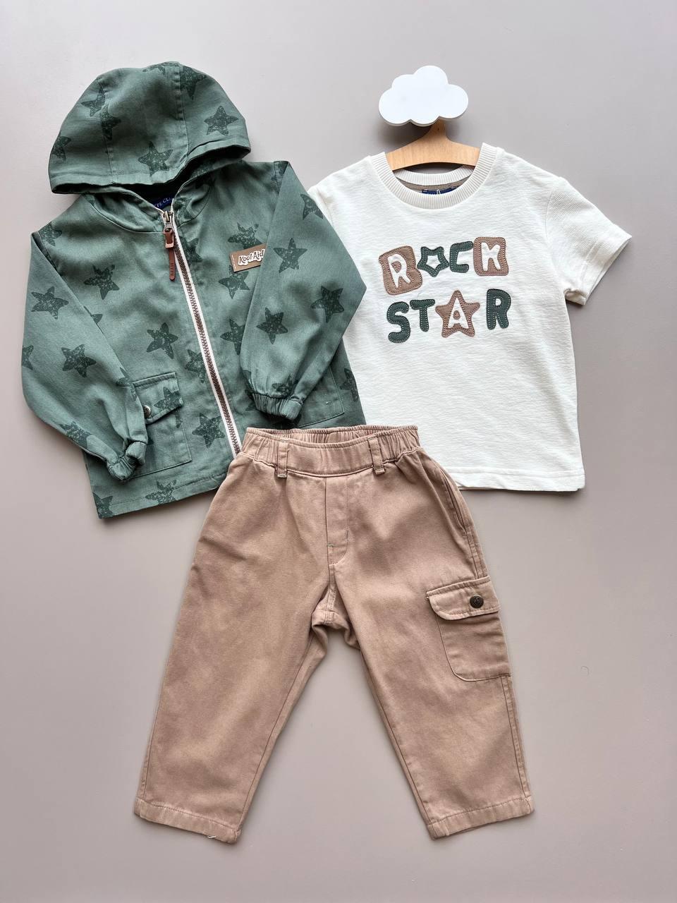 Green and Light Brown 3 Pcs Set: Jacket, T-Shirt and Pants - La Farandole Paris
