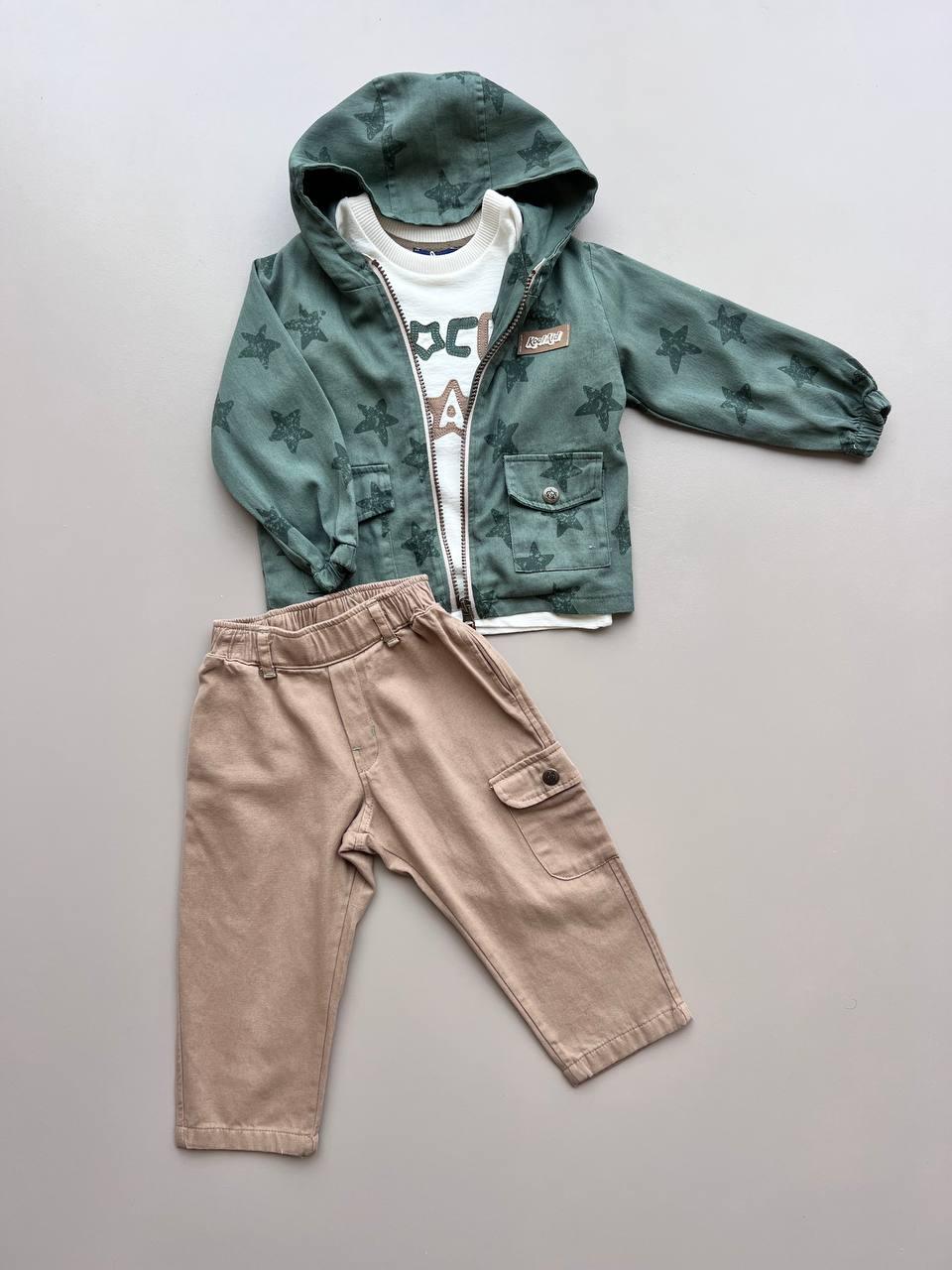 Green and Light Brown 3 Pcs Set: Jacket, T-Shirt and Pants - La Farandole Paris