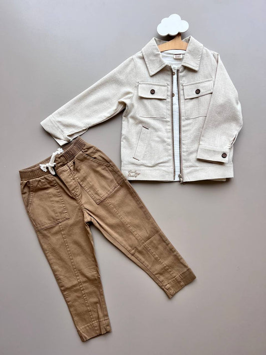 Beige And Brown Jacket With Pants And Shirt