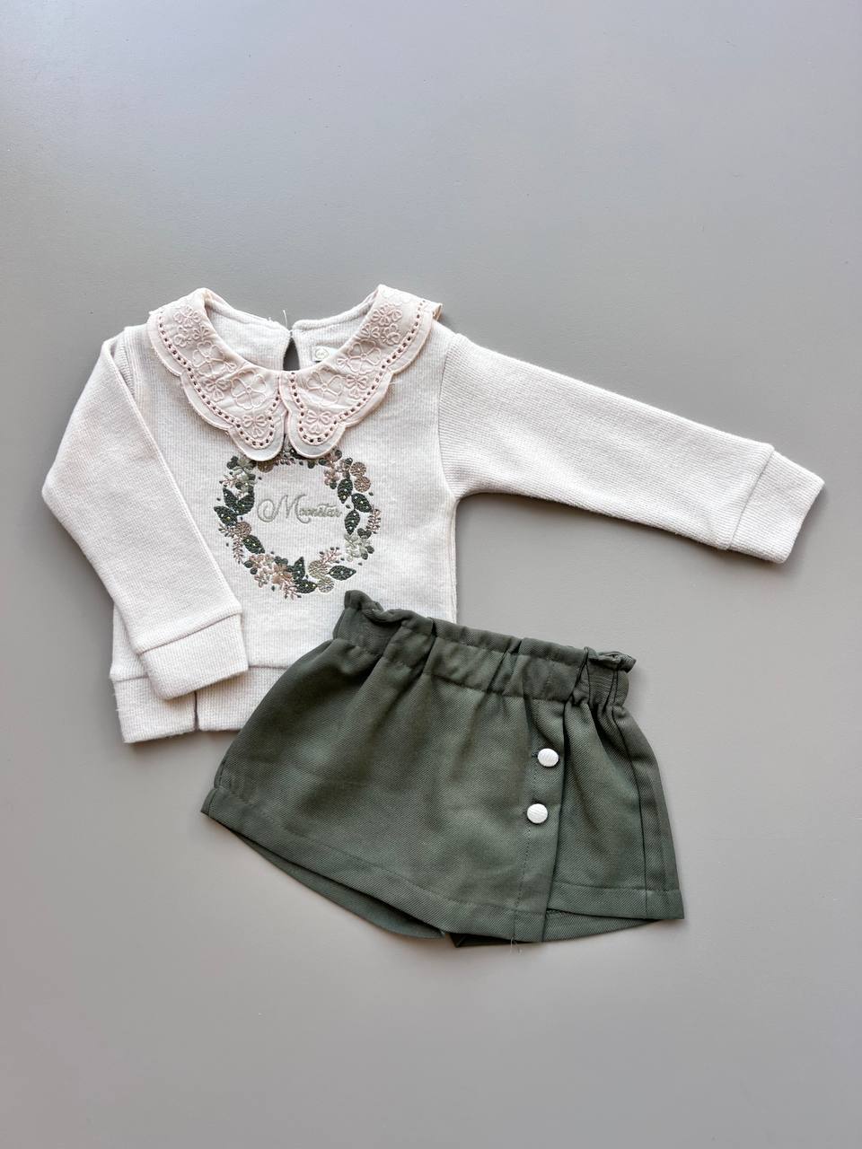 Beige And Olive Green Skirt Set 2 Pcs