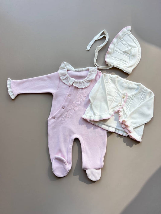 Pink/ White Organic Cotton Overall With Jacket and Hat