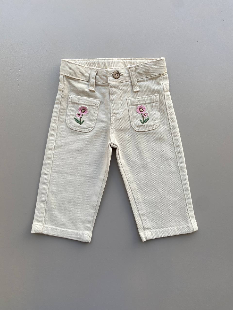 Beige Jeans pants Flowers Embroidered