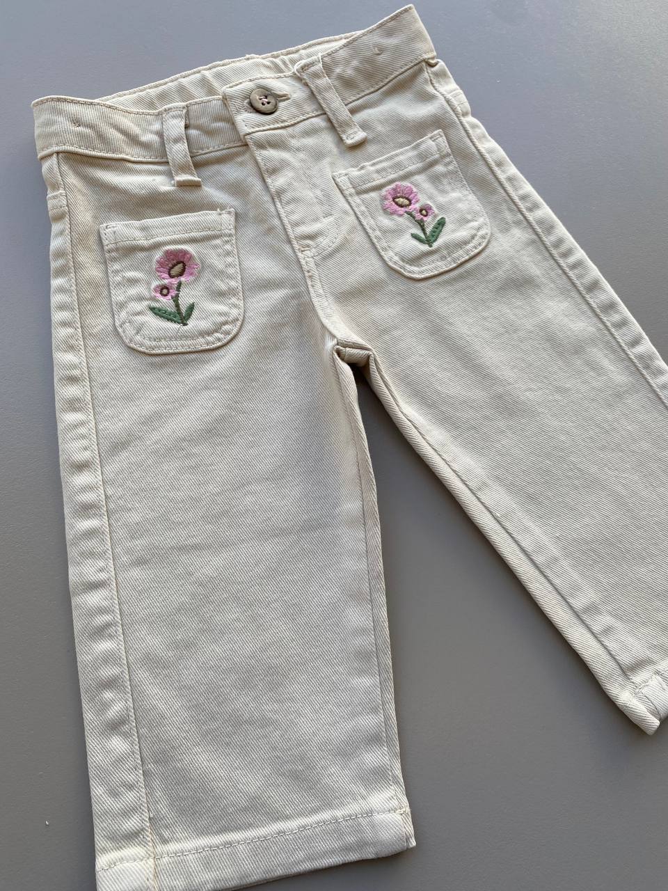 Beige Jeans pants Flowers Embroidered