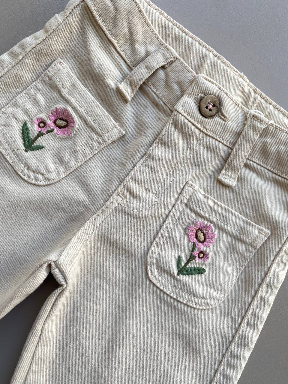 Beige Jeans pants Flowers Embroidered