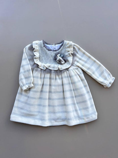 Off-White and Gray Velvet Dress - La Farandole Paris