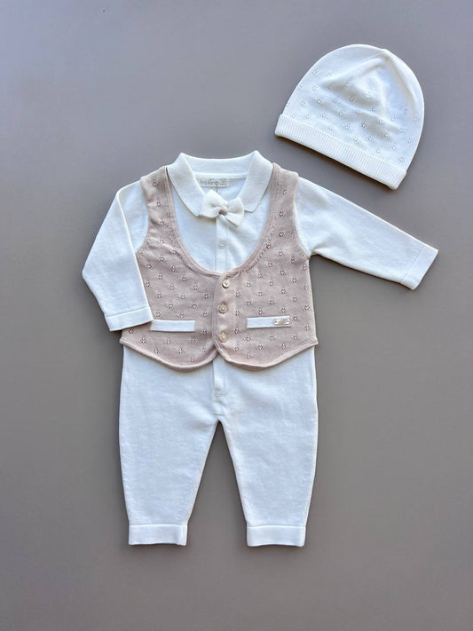 Off White And Beige Organic Cotton Overall 2 pieces With  Hat