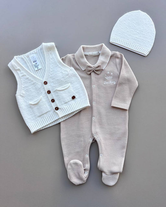 Beige Organic Cotton Overall With White Vest