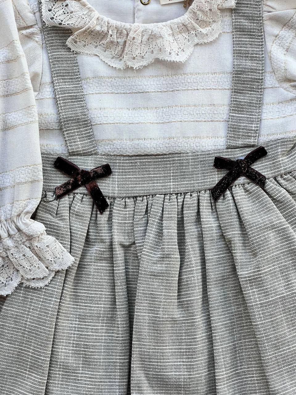 Olive/White Linen Vintage Ruffles Dress